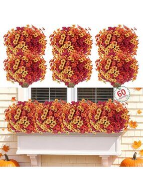 60 Pack Fall Mums Artificial Flowers for Home Decor & Events - Indoor/Outdoor